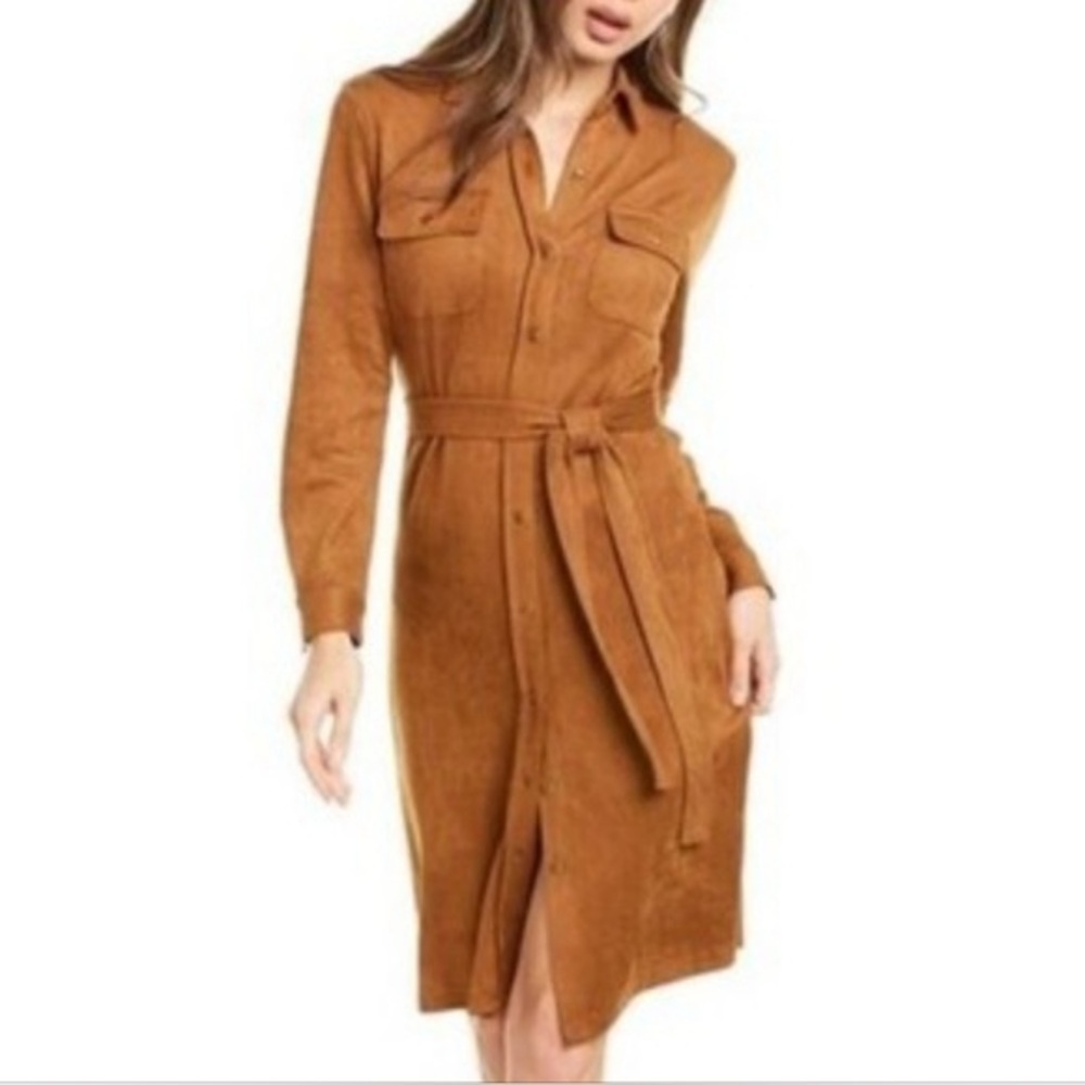 Boston Proper Faux Suede Button Front Tie Waist Shirt Dress Western Cowgirl Chic